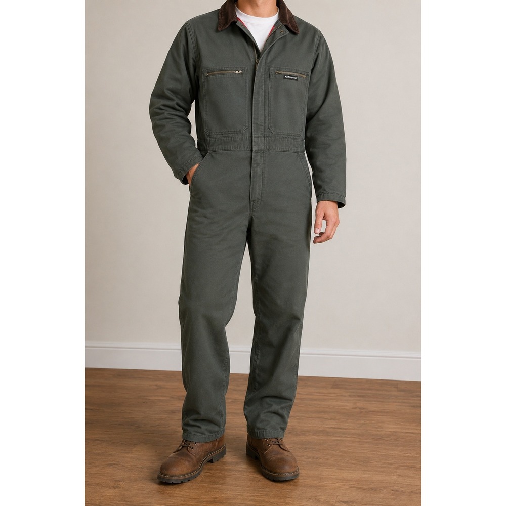 Key Imperial Vintage Quilted Work Coveralls Large Long Green Corduroy Collar